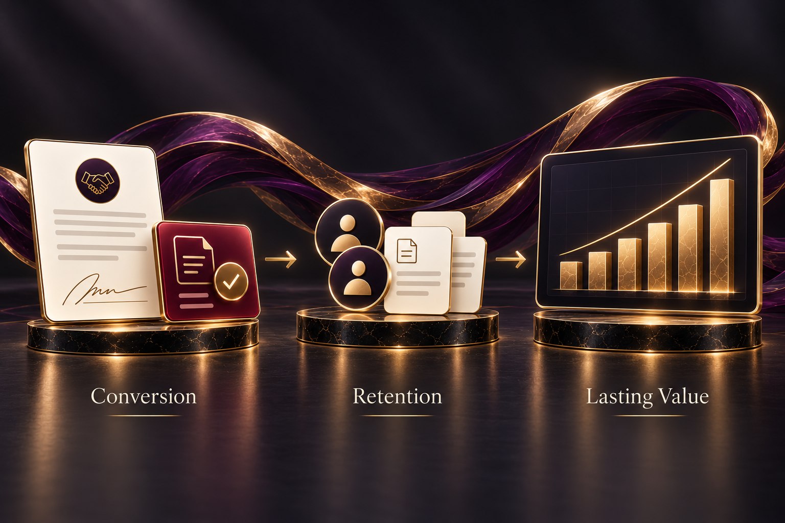 Conversion, retention, and lasting value framework demonstrating high-touch client relationship architecture and onboarding pathways
